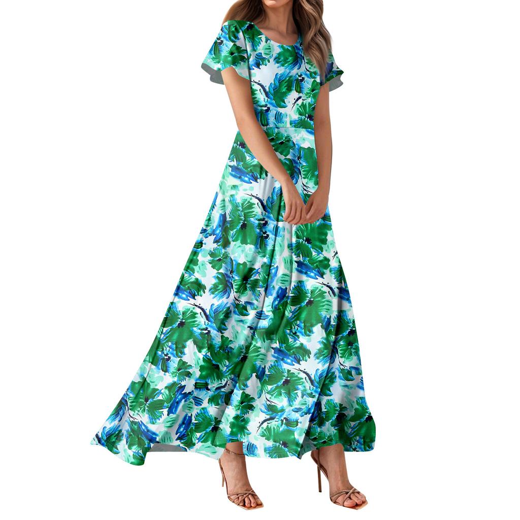 Women's Bohemian Print Casual Round Neck Short Sleeve High Waist Dress Elegant Dress