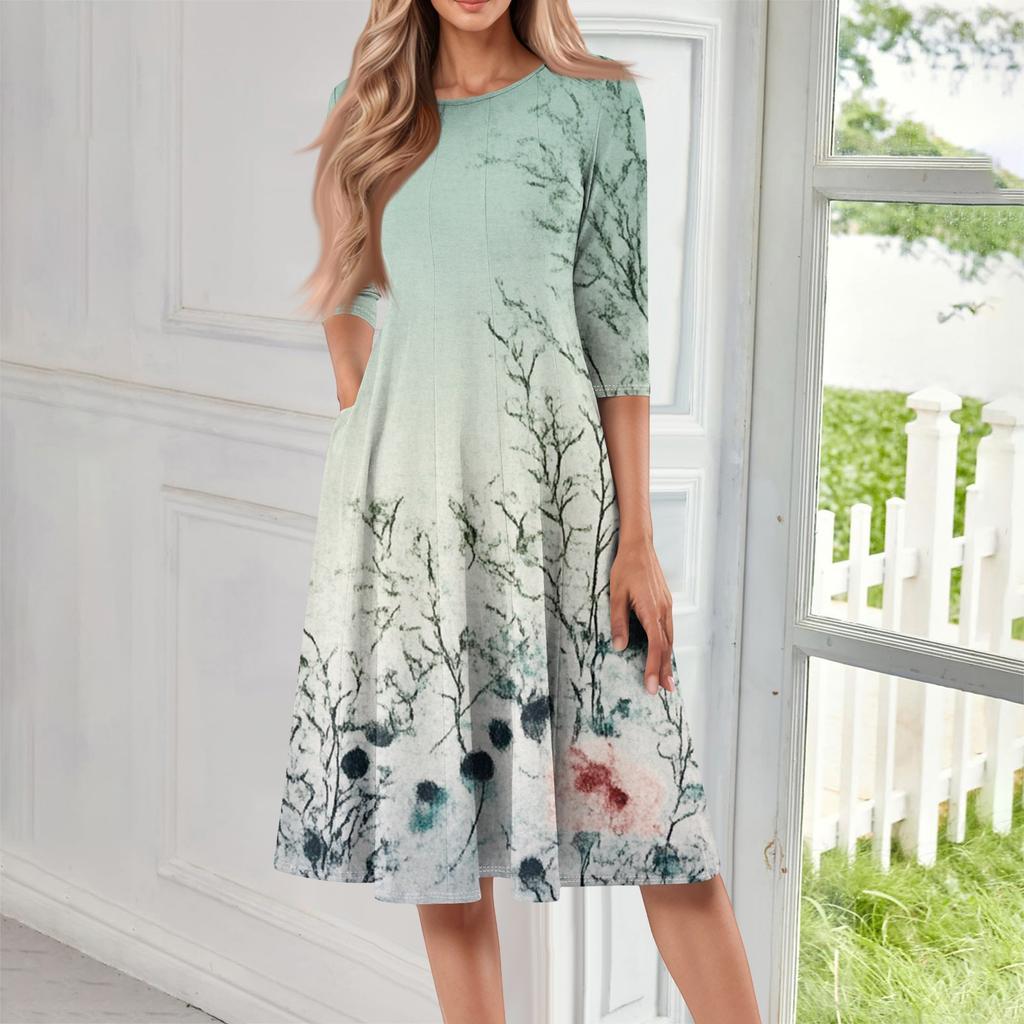 Lässiges, modisches Midikleid mit Rundhalsausschnitt, Dreiviertelärmeln und Print für Damen