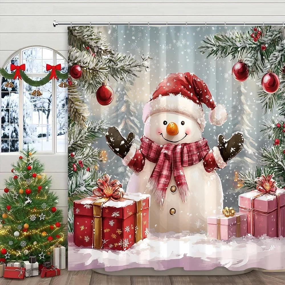 Christmas Snowman Shower Curtain Santa Claus Christmas Gifts Snow Printed Polyester Fabric Home Decor Shower Curtain With Hook