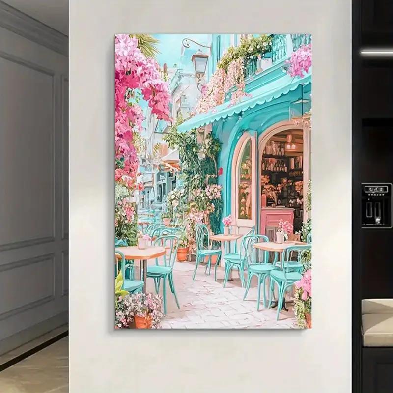 No Framed Canvas Wall Art - European Floral Cafe Painting with Turquoise Doors, Pink Flowers - Modern Minimalist Pastel 21X30CMNo Framed
