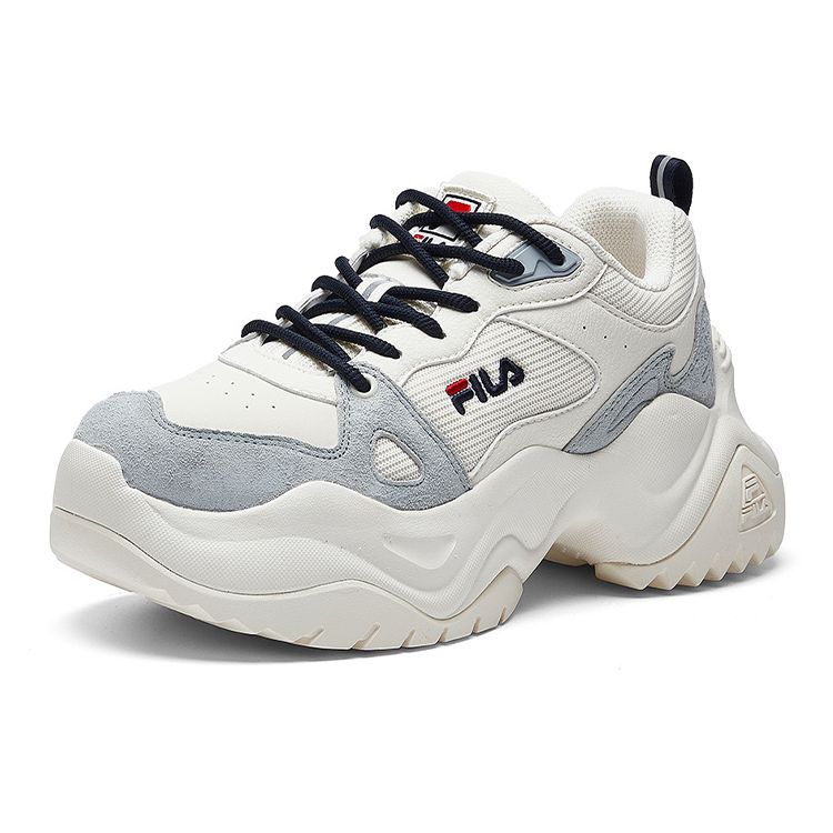Fila Pose Tessuto Pelle Sintetica Punta Tonda Allacciatura Ammortizzante Antiscivolo Resistente all'Usura Scarpe Basse Stile Papà Sneaker Donna Bianco Grigio F12W941128FGD