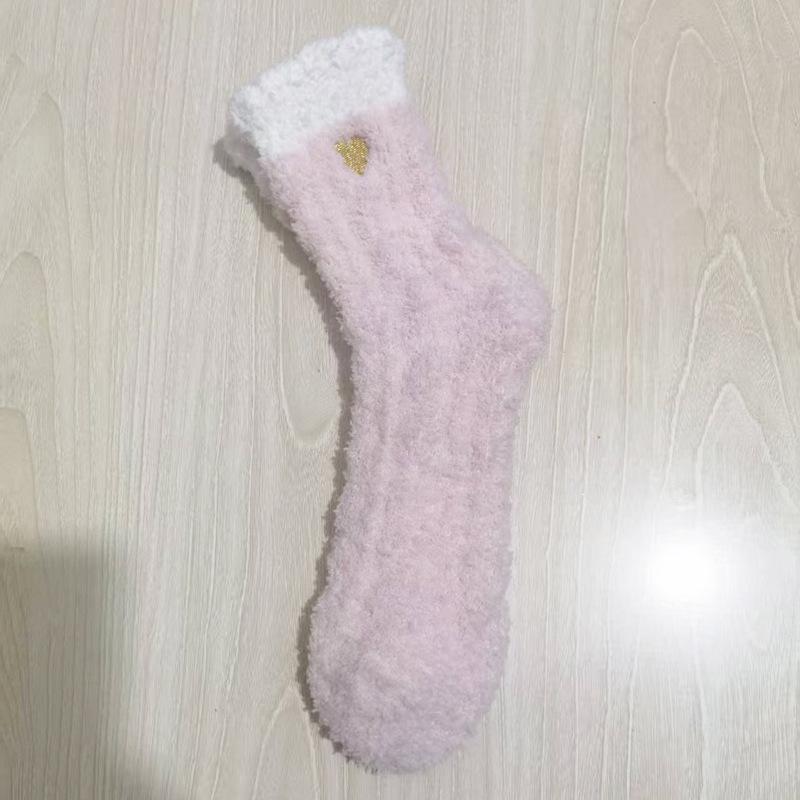 Women's Heart Embroidered Coral Fleece Mid-Calf Sleep Socks - Winter Warm and Thickened
