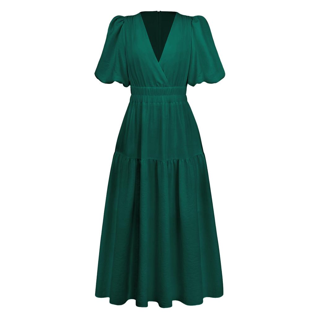 Summer Elegant Deep V Bubble Sleeve Maxi Dress With Pleated Fabric For Women