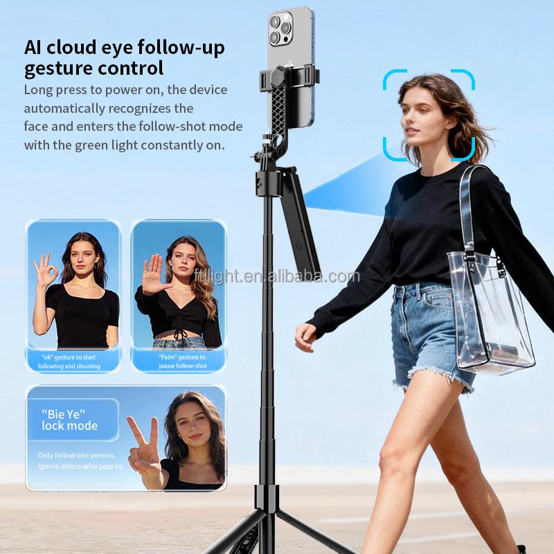 Portable AI Camera Tracking Selfie Stick with Extendable Tripod Rotating Head and LED Light