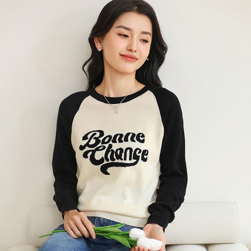 

Pure Cotton Contrast Letters Retro Long-sleeved Sweater for Women In Spring and Summer New High-end Style Age-reducing Short Soft and Soft Sweater M