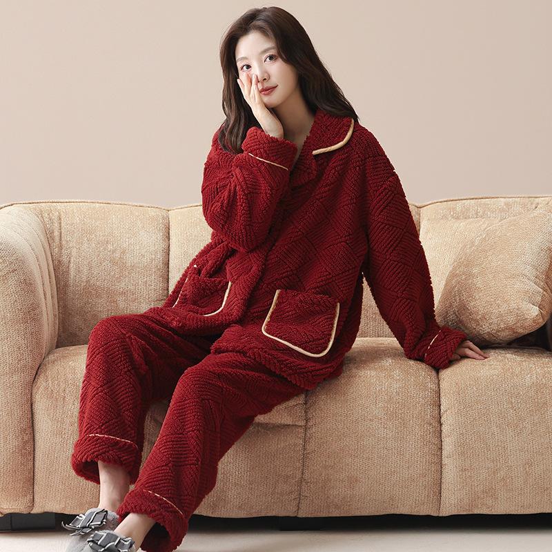 Pajamas wedding newlywed couple set winter coral fleece fleece thickened new Chinese red loungewear set