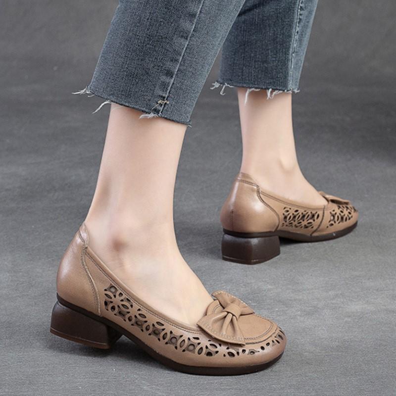 Johnature Sandale retro din piele naturală cu toc gros, cu vârf rotund, cu scobire, pantofi confortabili