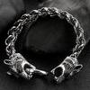 Gothic Double Wolf Heads on Hand Bands Bracelet for Men Stainless Steel Viking Jewelry Men's Bracelets with Spring Ring Clasp