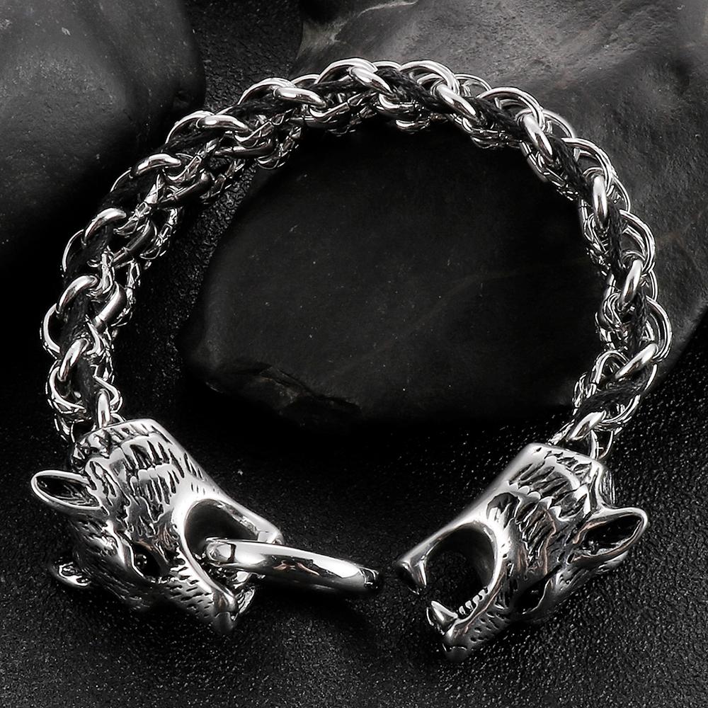 Gothic Double Wolf Heads on Hand Bands Bracelet for Men Stainless Steel Viking Jewelry Men's Bracelets with Spring Ring Clasp