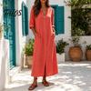 Soft Fabric Dress Women's Summer Button Down Long Dress, Casual Loose V Versatile Women Neck Tunic Roll Up Sleeve Vacation Lounge Outfits Lightweight