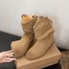 Sheepskin version~ inner height-increasing retro pleated stacking boots women's V-mouth suede mid-tube western boots versatile thick-heeled knight bo
