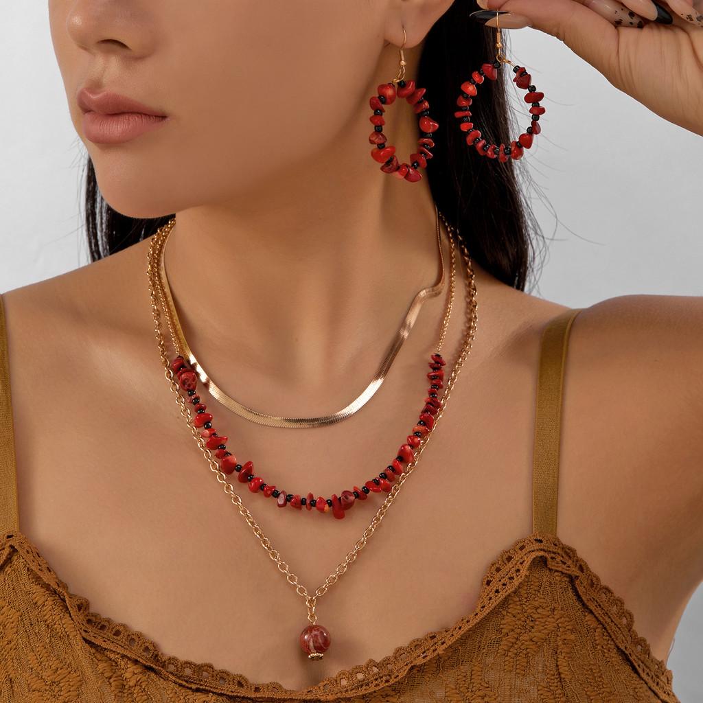 

Geometric Alloy Crushed Stone Necklace Earrings Set For Women With Multilayer Design красный