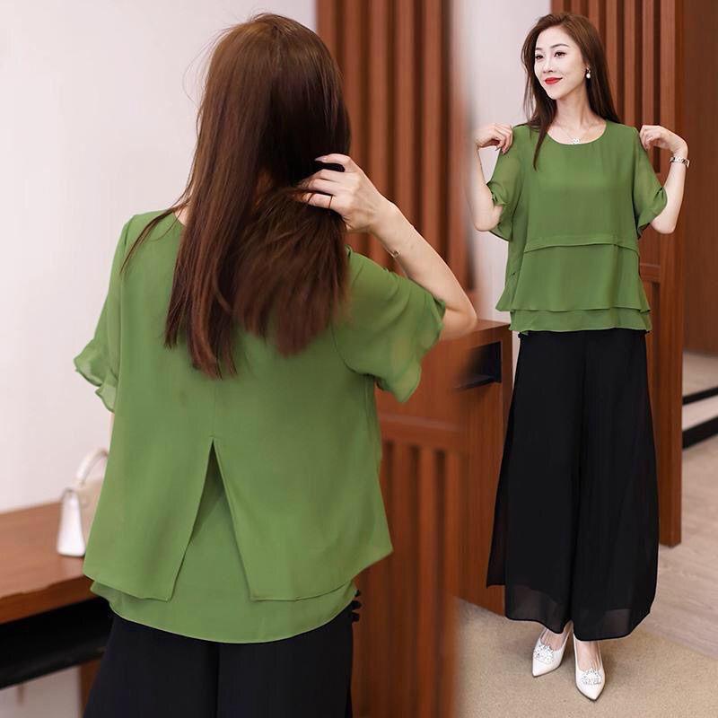 Short Sleeve Chiffon Women Shirts Summer Office Work Tops Elegant Lady Shirt Solid O-Neck Women Blouses
