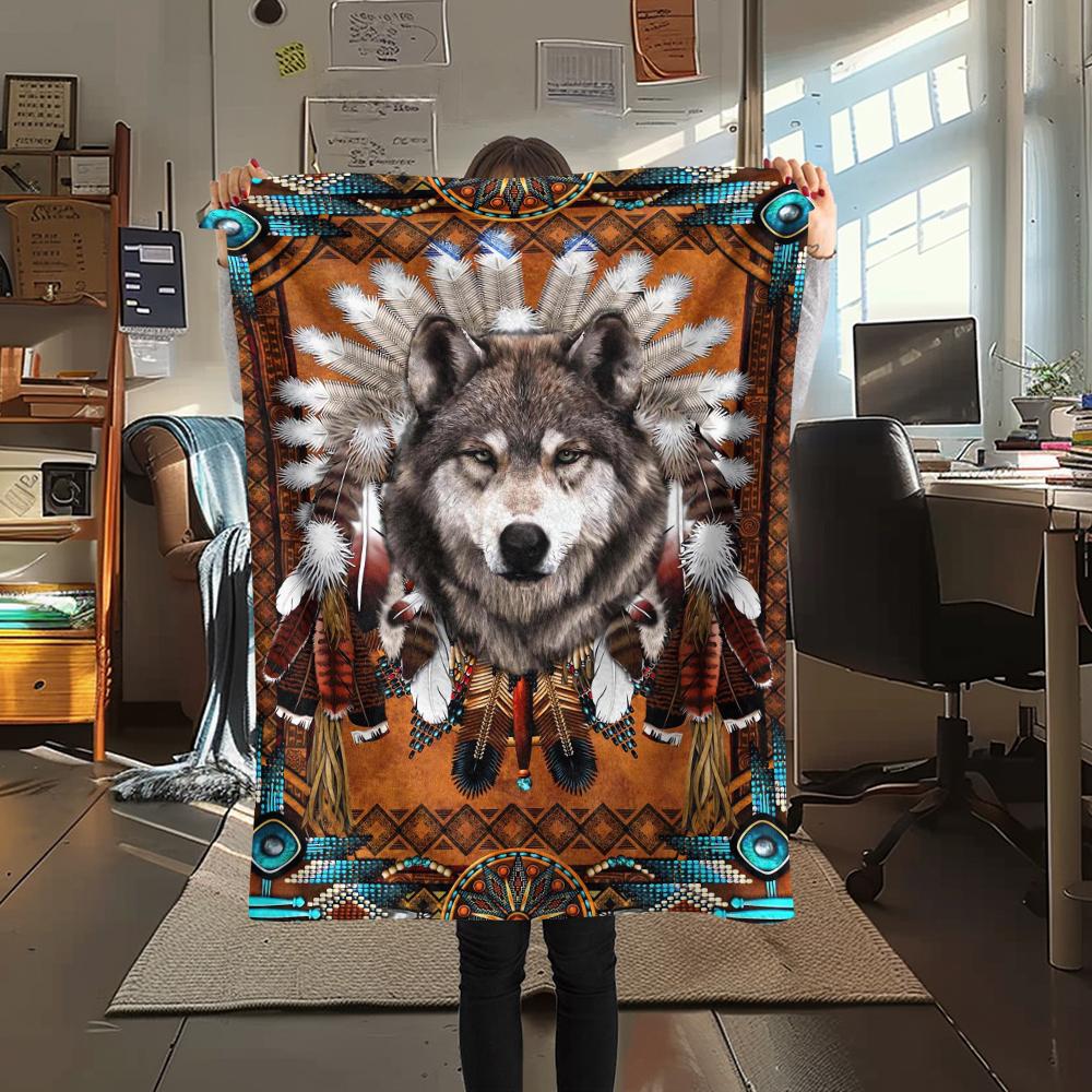 1Pc Indian Wolf Print Flannel Blanket, High quality Comfortable for All Seasons, Home Decor, Warmth and Comfort, Perfect for Christmas Gifts