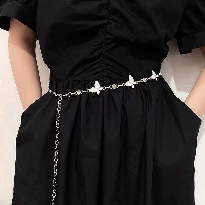 European and American Metal Bow, Flower Chain Belt, Waist Chain, Women's Summer Decorative Dress, Fine Chain Accessories, Ins