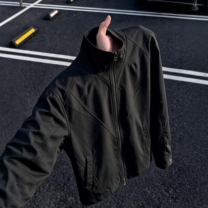 Mens Black Deconstructed Stand Collar Jacket American Style 3-in-1 Soft Shell Windbreaker Regular Shoulder Pilot Coat