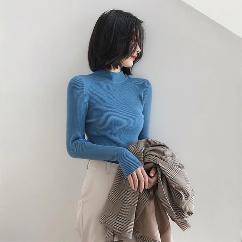 New Autumn Long Sleeve Base Knitted Sweater Women Winter Fashion Half High Collar Pullover Women Sweaters Vintage Slim Fit Solid Casual Knitwear 24970