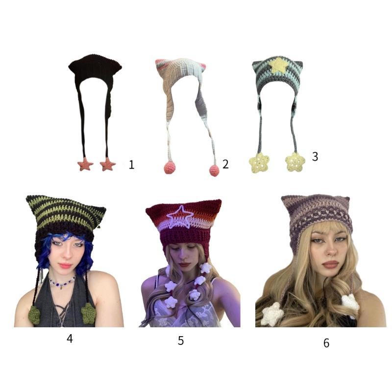 Girl Cartoon Kitten Ear Striped Knit Beanie Hat Y2K Star Party Hat Photo Props Hot Girl Cute Slouchy Knitting Hat