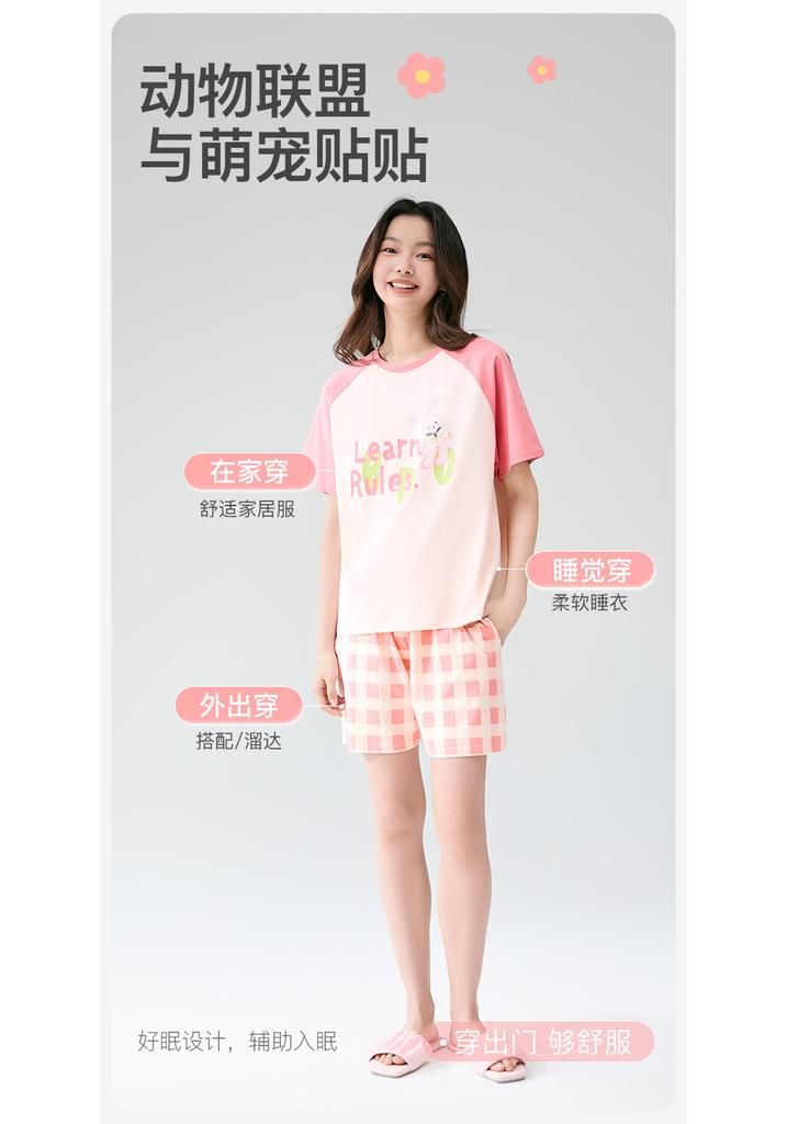Fenteng [Super Soft A-class Antibacterial Cotton] Summer Round Neck Shorts Thin Pajamas Women's New Cartoon Home Clothes Set