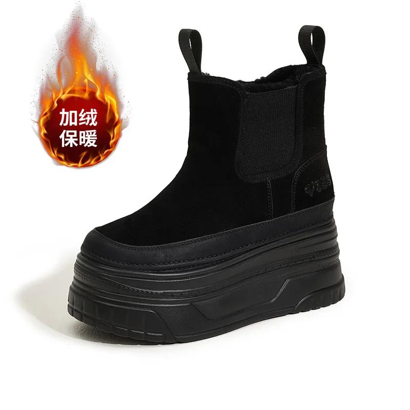 Fashion 9CM Suede Cow Genuine Leather Platform Wedge Winter Plush Women Boots Hidden Heels Warm Ankle Booties 2025 Spring Autumn Shoes