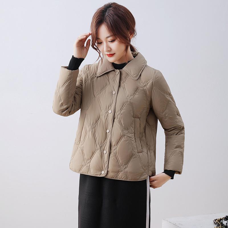 Rhombus down jacket women's short winter small new white duck down doll collar light coat tide