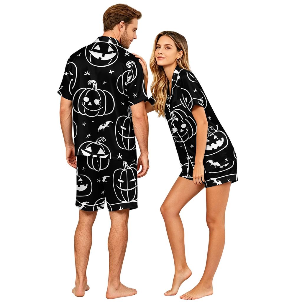 Couple Halloween Pajama Set Short Sleeve Button Down Shirt with Shorts Casual Soft Sleepwear S-XXXXL Matching Loungewear Set