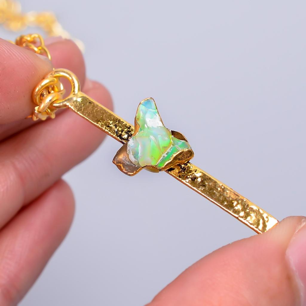 Natural Ethiopian Opal Gold Plated Electroformed Wedding Chain Necklace Jewelry V-79