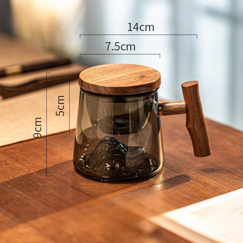 Office Men and Women High Temperature Resistant Glass Green Tea Cup Wooden Tea Water Separation Glass Brew Tea Cup Mountain View Glass Cup
