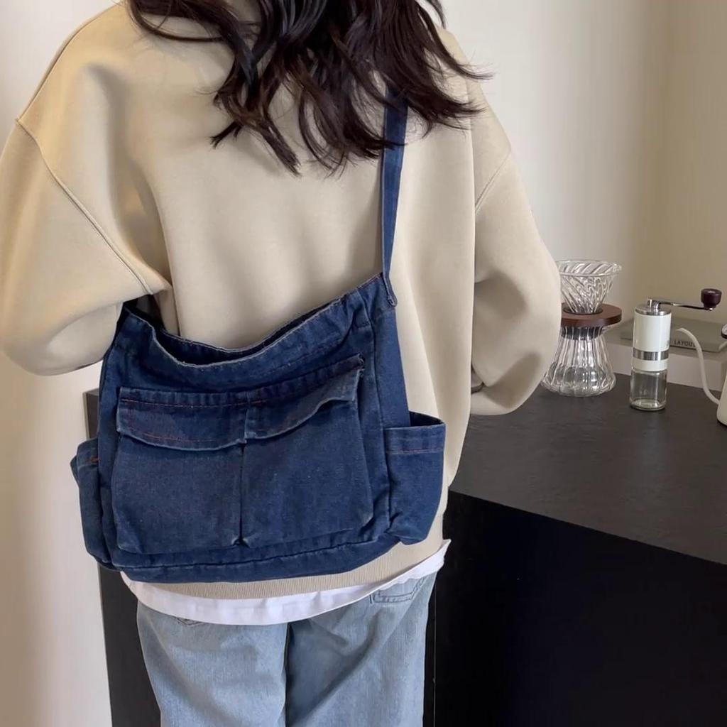 Large Capacity Denim Bag Women's Shoulder Bag Student Class Commuter Crossbody Bag Tote Bag