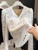 Women's V-Neck Lace Shirt with Chest Pads - Slimming, Long-Sleeved Flocked Design for Autumn/Winter 2025.
