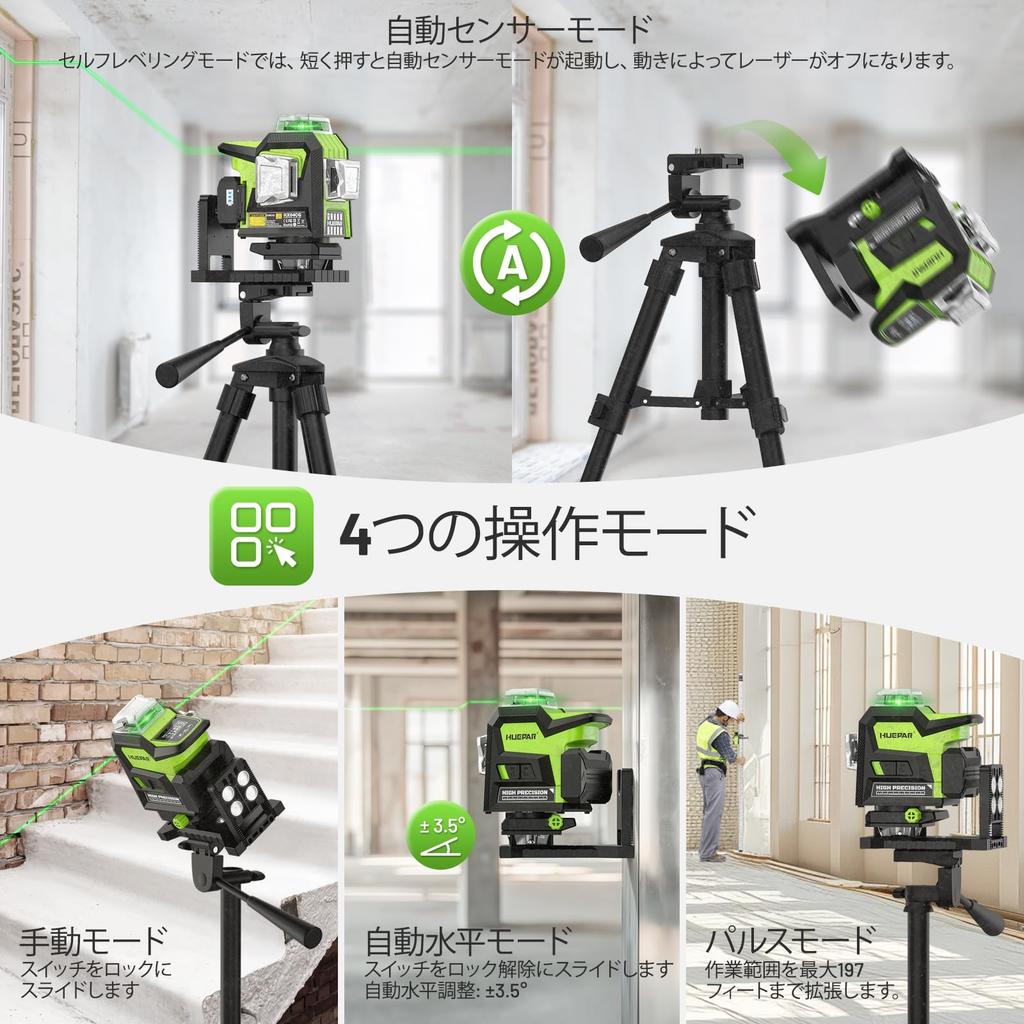 Huepar HX04CG Laser 4D Green Line Level with LCD Pulse 4 Levels of Laser Brightness 4x360 Cross Lines Includes Magnetic Base and Hard Case Gift for