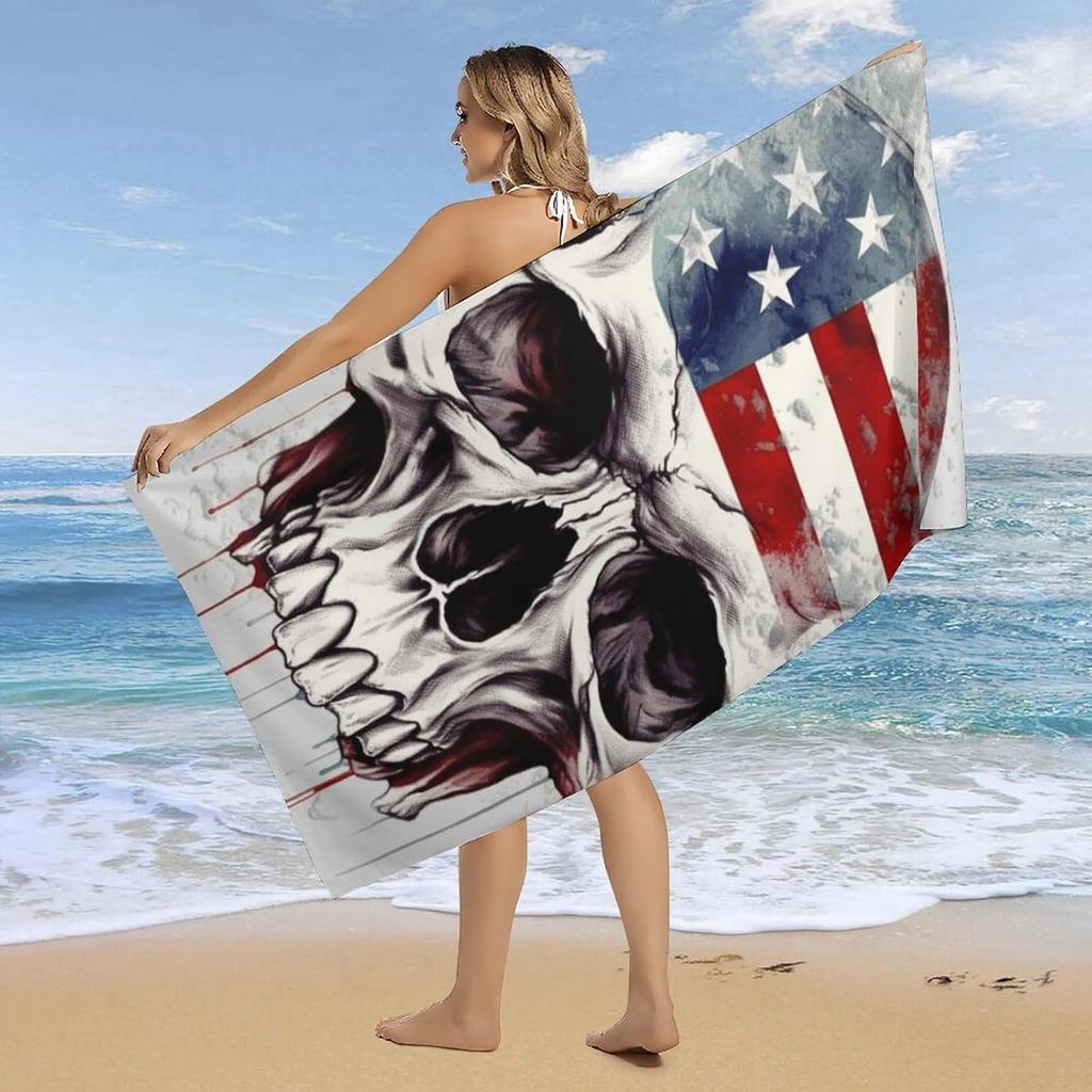 American Flag Skull Beach Towel Oversized Absorbent Towels Quick Dry Pool Towel Lightweight Bath Towels Sandproof Beach Blanket
