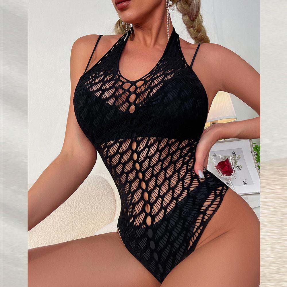 Women Sexy Jumpsuit High Elasticity Fishing Nets Tight Lingerie Costume Ladies Erotic Mesh Perspective Seduction Body Suit