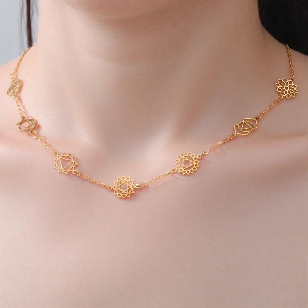 Hollow Out 7 Chakra Pendant Necklace Stainless Steel Clavicle Chain Necklace  Women Girls