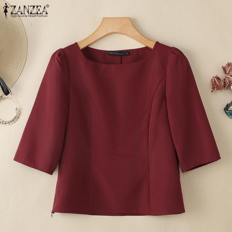 ZANZEA Lässige Damen-Bluse mit O-Ausschnitt und einfarbigen 3/4-Ärmeln