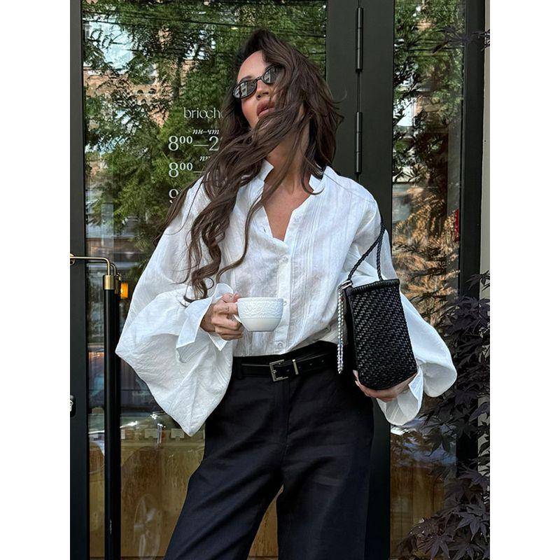 French style Loose Casual Lapel Lantern Sleeve Long sleeve White Simple Shirts Top Women's Shirt Top