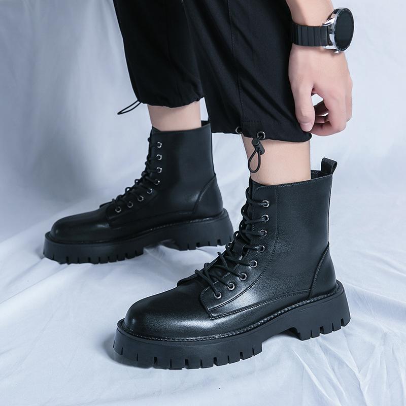 Men's Plus Size Retro High-Top Leather Martin Boots - Thick Sole, Lace-Up, and Wear-Resistant for Height-Increasing Workwear.