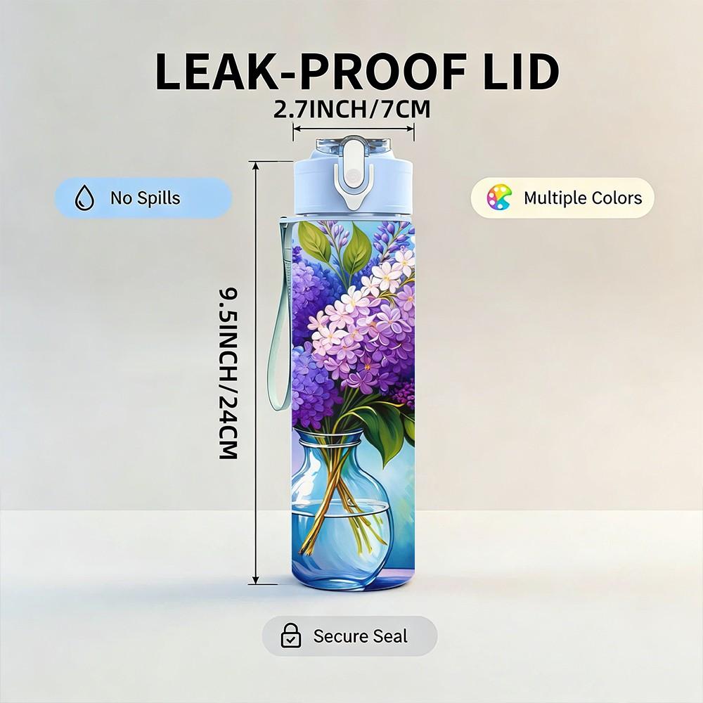 1PC Purple Lilac Vase Flower Bouquet Art 750ml Color Plastic Sports Water Bottle Leakproof Flip Straw Lid Suitable for Sports Office Home Use