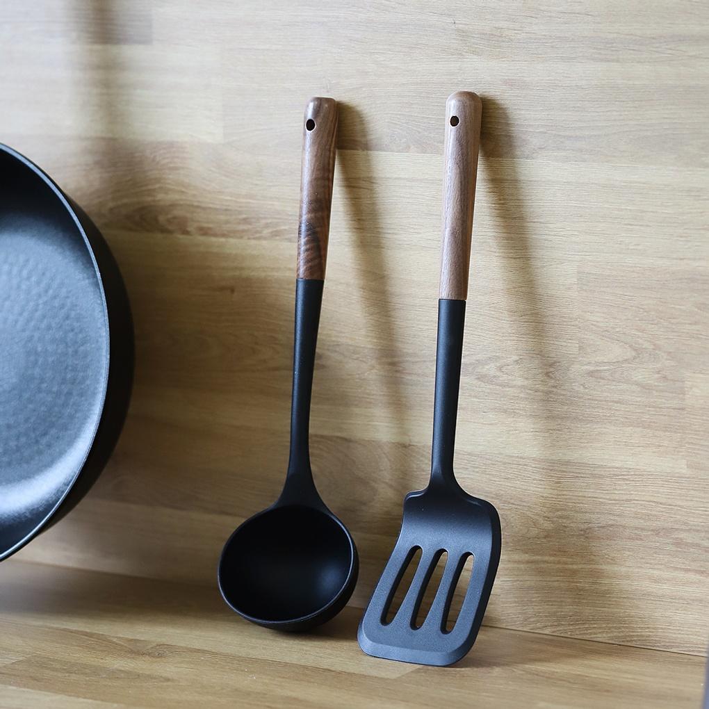 [OSLO] OSLO Noir Black Silicone Wood Handle Cooking Utensil Set of 2 (Ladle + Turner)