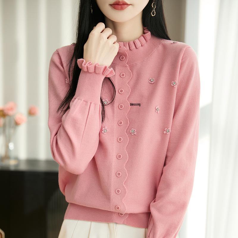 2026 Spring Women's Knitwear: Lace Ruffle Collar Cardigan Sweater, Button-Up Coat, Korean Style