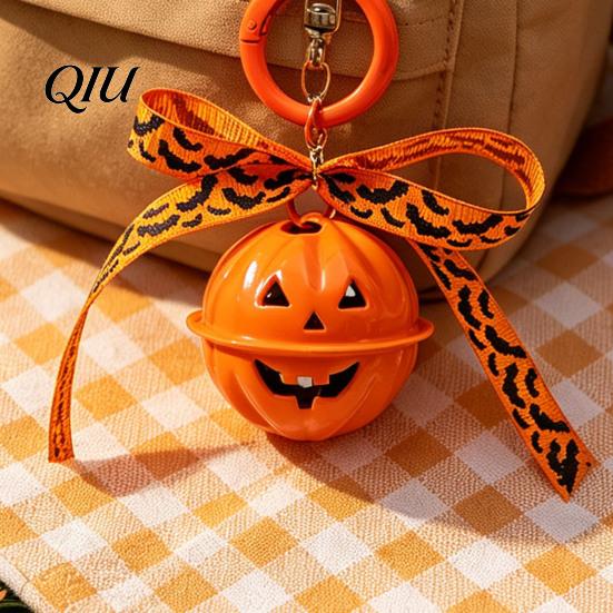 Halloween Backpacks Charm Pumpkin Bell Keychain, Hollow Head Key Ring with Ribbon Bow, for Holiday Party Decoration Keychain