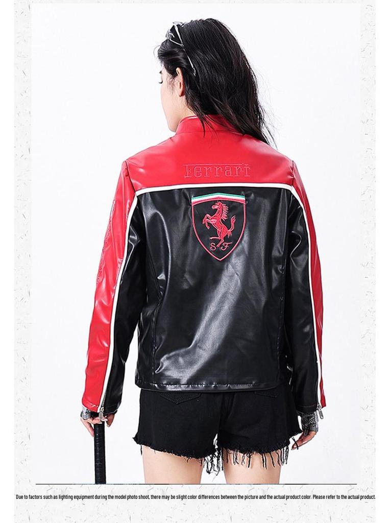 Women's Racing-Style PU Leather Motorcycle Jacket, Small Size - Trendy European and American Winter Outerwear