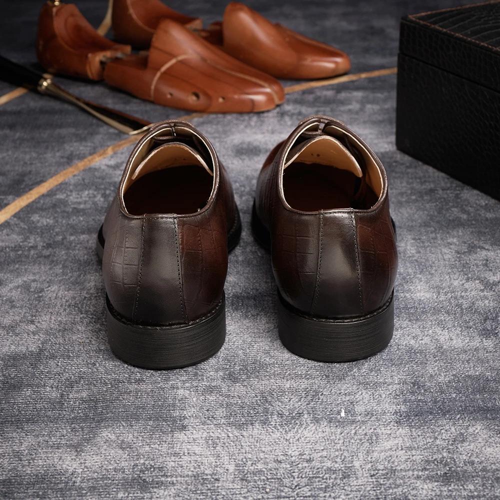 Men's Formal Wedding Shoes Lace-Up Pointed Toe Oxford Genuine Leather Crocodile Print Party Business Dress Shoes