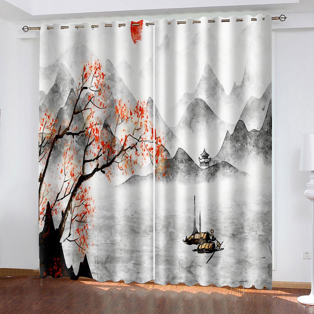3D Chinese Style Ink Painting Series Luxury Home Sunshade Curtains 2 Pieces of Living Room Bedroom Decoration Hook Punch
