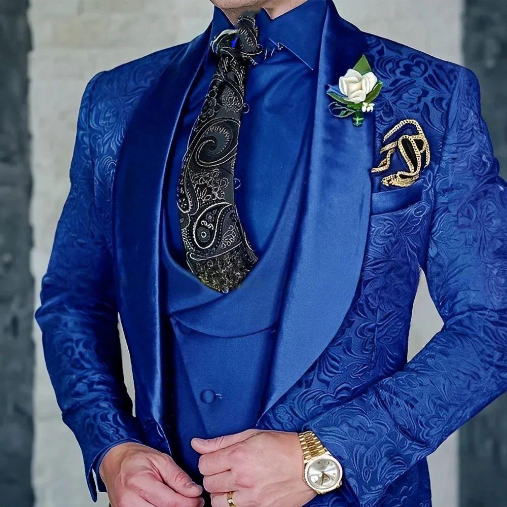 

3 Pieces Black Jacquard Wedding Party Tuxedo For Groom Wedding Shawl Lapel Slim Fit Mens Suits Male Waistcoat Vest Pants 4XL phthalo синій колір