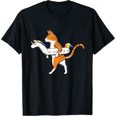 Funny Cat with Unicorn Swimming Ring Pool Cats T-Shirt