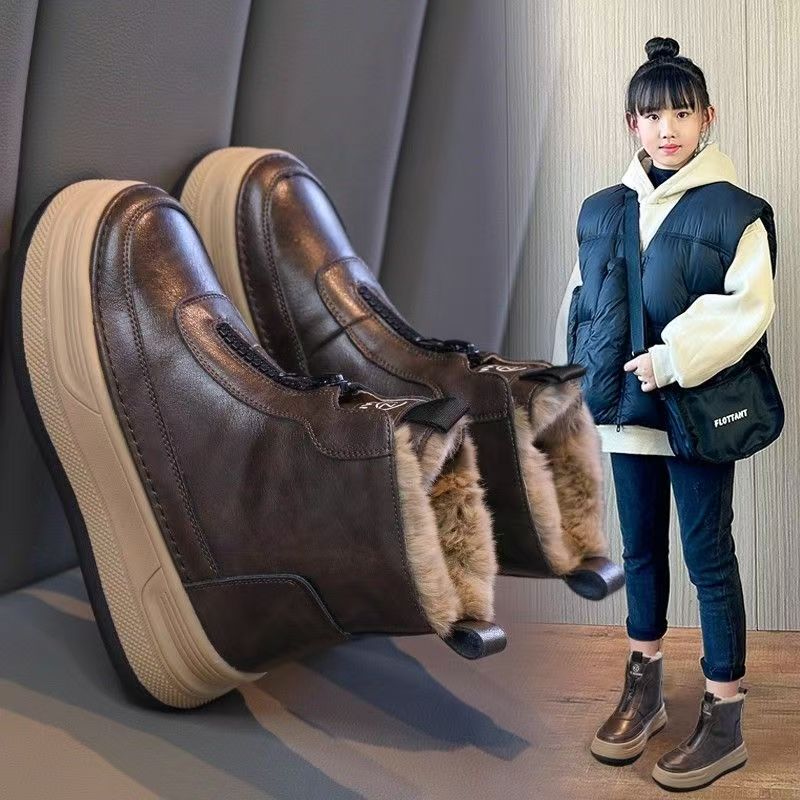 Girls' snow boots winter new medium and older children's large cotton shoes children's velvet short boots non-slip little girl