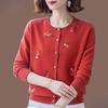 Autumn Winter Women's Wool Cardigan Round Neck Embroidered Knitted Jacket Cardigan Top