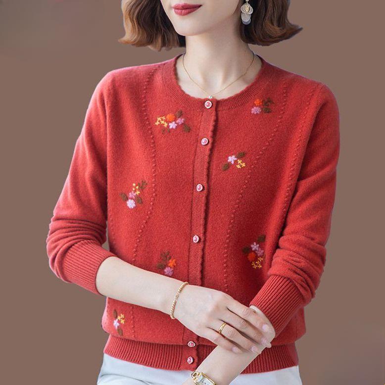 Autumn Winter Women's Wool Cardigan Round Neck Embroidered Knitted Jacket Cardigan Top