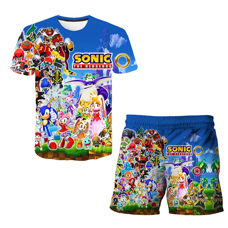 2025 MINISO Ny Japansk Tecknad Sonic 2 T-shirt Barnens Topp Shorts Tvådelat Set Sommar Pojke Tecknad Söt SONIC T-shirt+ Strandbyxor